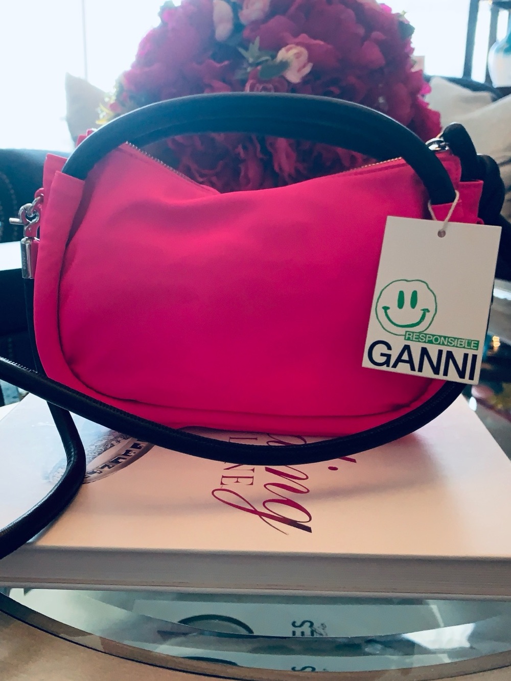 Ganni Neon Pink Crossbody with Black Strap